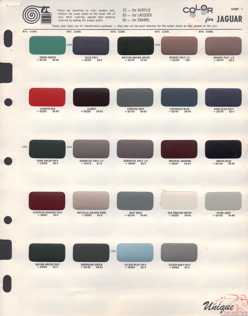 1957 Jaguar Paint Charts Martin-Senour